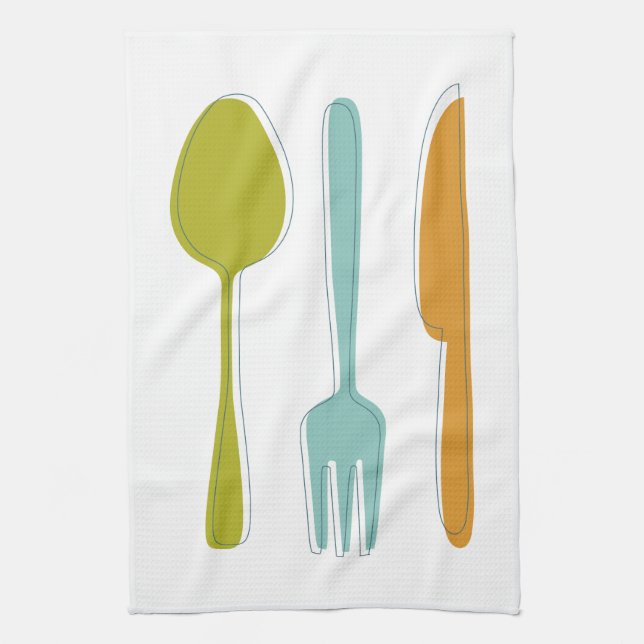 Colourful Kitchen Utensils Mid Century Retro Tea Towel (Vertical)