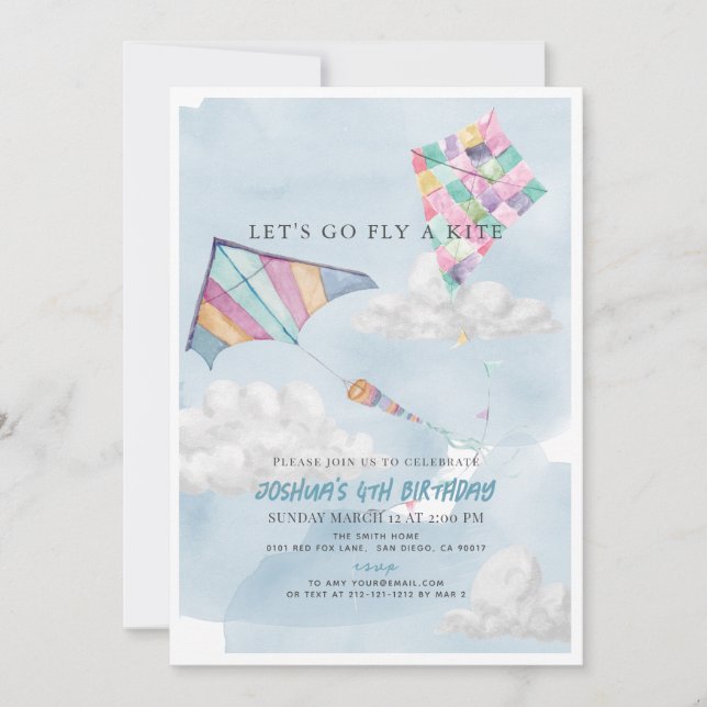 Colourful Kite & Blue Sky Watercolor Birthday Invitation (Front)
