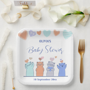 Colourful kittens hearts pink Baby Shower Decor Paper Plate