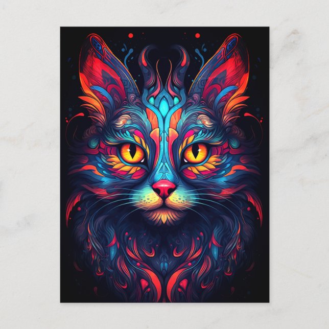 Colourful Kitty Cat Animal Psychedelic Tribal Art Postcard (Front)
