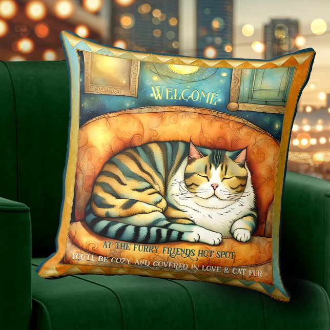 Colourful Kitty Cat Lovers Animal Art Cushion (Bohemian cat pillow featuring a painting of a cute colorful kitty with your own texts)