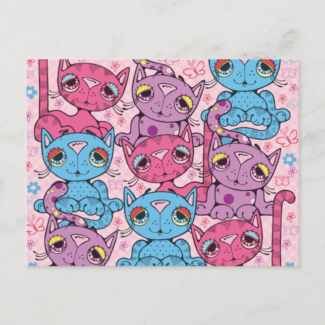 Colourful Kitty Cat Pattern Graphic Design Postcard (Front)