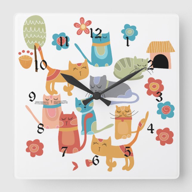 Colourful Kitty Cats Print Gifts for Cat Lovers Square Wall Clock (Front)