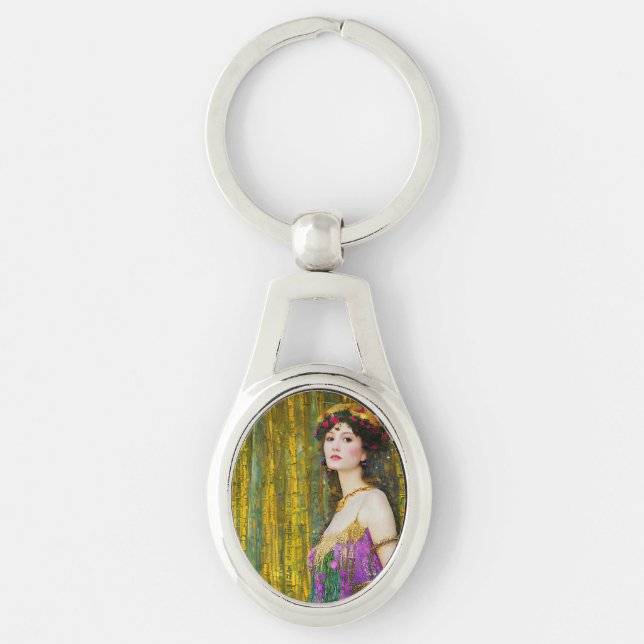 Colourful Klimt Style Collage Portrait of Woman Key Ring (Front)
