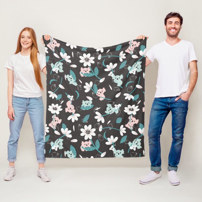 Colourful Koala Pattern Cute Animal and Floral Fleece Blanket (In Situ)