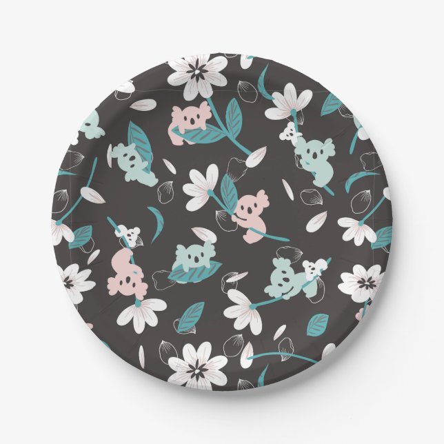 Colourful Koala Pattern Cute Animal and Floral Paper Plate (Front)