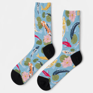 Colourful Koi and water lilies in a blue pond Socks