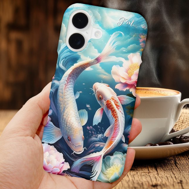 Colourful Koi Fish Japanese (Phone case featuring a colorful painting of Japanese Koi fish. You can add your custom initials)