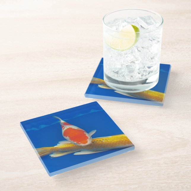 Colourful Koi in Blue Pool Glass Coaster (Angled)