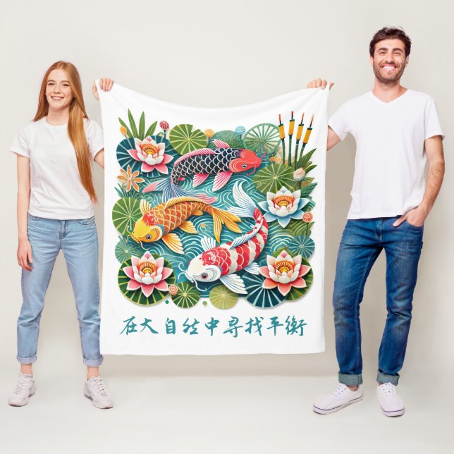 Colourful Koi Swimming in Lotus Filled Pond Fleece Blanket (In Situ)