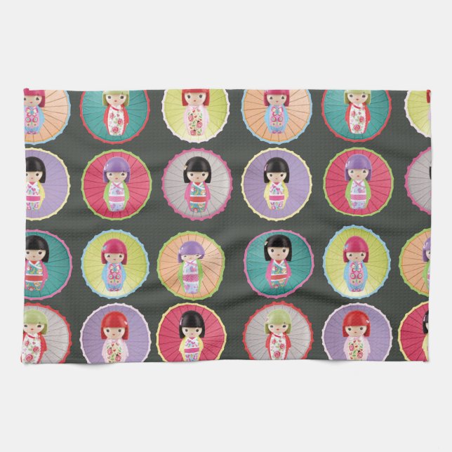 Colourful Kokeshi Dolls Tea Towel (Horizontal)