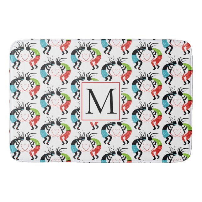 Colourful Kokopelli heart pattern and monogram Bath Mat (Front)