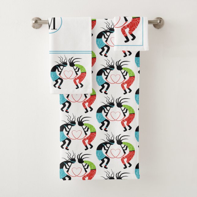 Colourful Kokopelli heart pattern Bath Towel Set (Insitu)