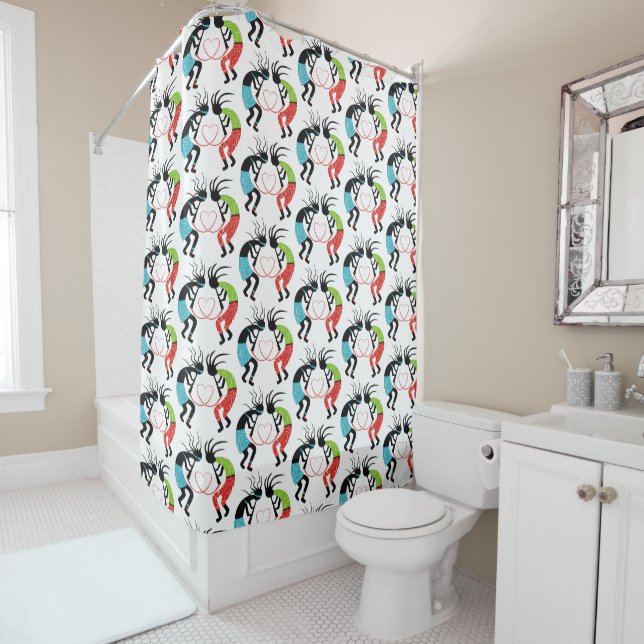 Colourful Kokopelli heart pattern Shower Curtain (In Situ)