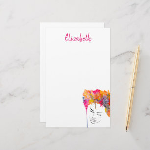 Colourful lady funky hair watercolor stationery