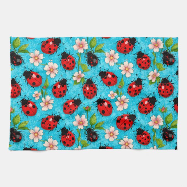 🐞 Colourful Ladybug Floral Garden Joy 🌸 Tea Towel (Horizontal)