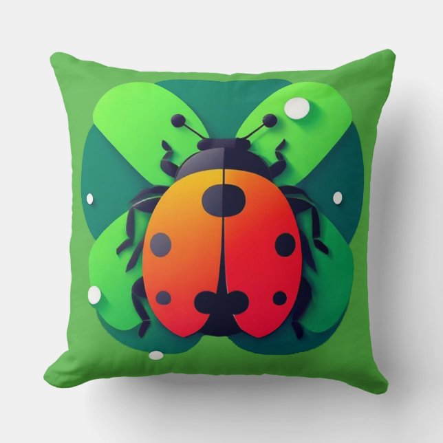 Colourful Ladybug Illustration on Green Clover Lea Cushion (Front)