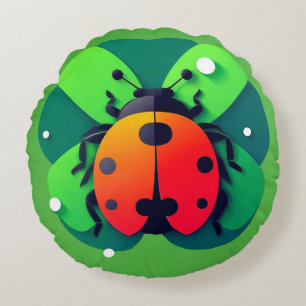 Colourful Ladybug Illustration on Green Clover Lea Round Cushion