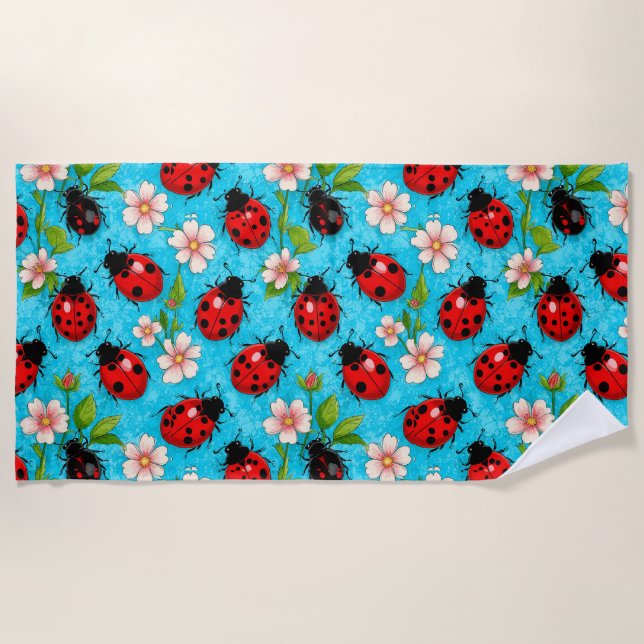 Colourful Ladybug Pattern with Flowers Beach Towel (Front)