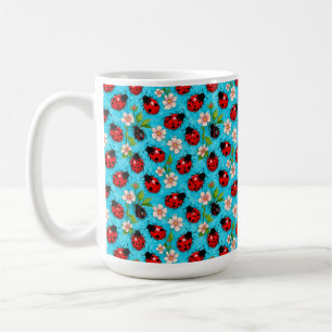 Colourful Ladybug Pattern with Flowers Coffee Mug