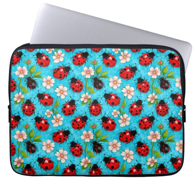Colourful Ladybug Pattern with Flowers Laptop Sleeve (Front)