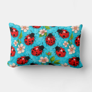 Colourful Ladybug Pattern with Flowers Lumbar Cushion