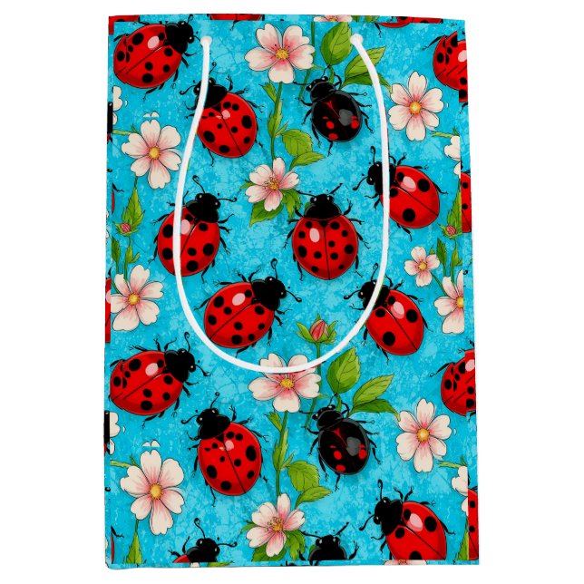 Colourful Ladybug Pattern with Flowers Medium Gift Bag (Front)