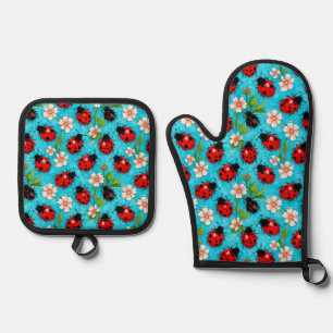 Colourful Ladybug Pattern with Flowers Oven Mitt & Pot Holder Set