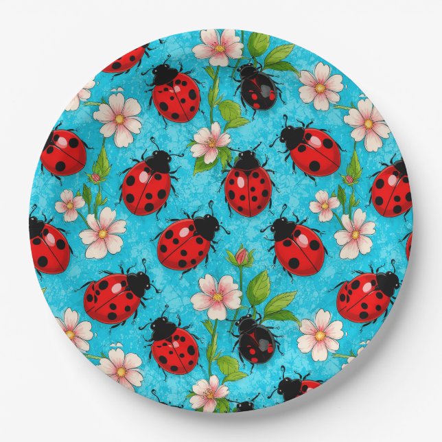 Colourful Ladybug Pattern with Flowers Paper Plate (Front)