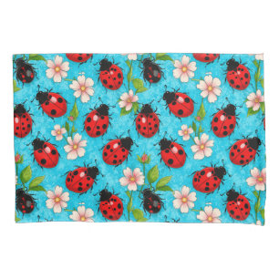 Colourful Ladybug Pattern with Flowers Pillowcase