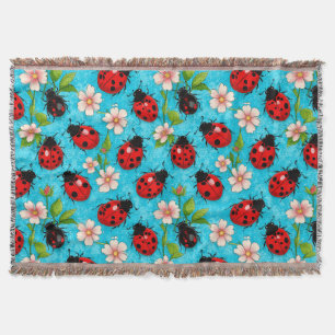 Colourful Ladybug Pattern with Flowers Throw Blanket