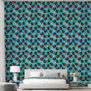 Colourful Ladybug Pattern with Flowers Wallpaper