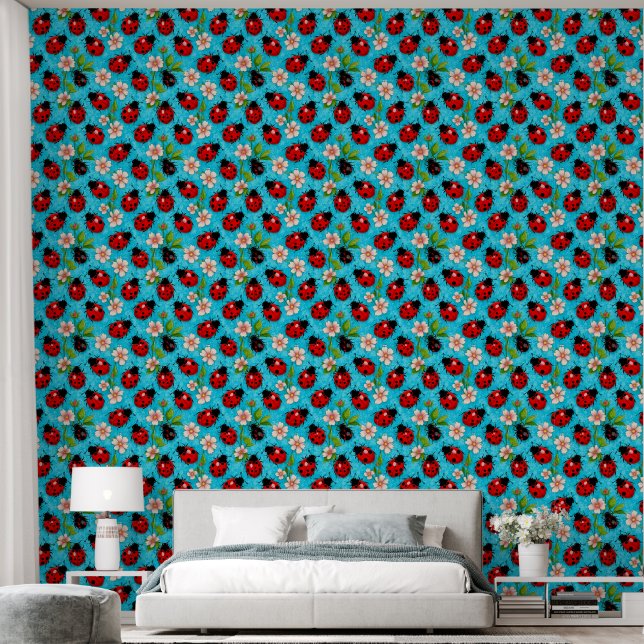 Colourful Ladybug Pattern with Flowers Wallpaper (Bedroom)