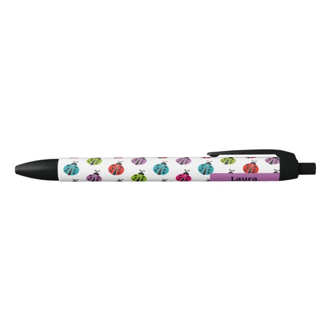 Colourful Ladybug Personalised Black Ink Pen (Top)