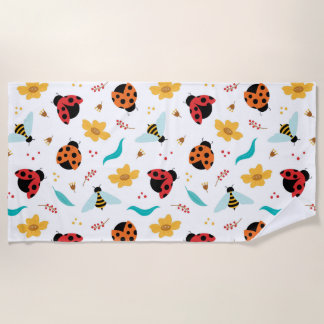 Colourful Ladybugs and Bees on a Floral Beach Towel