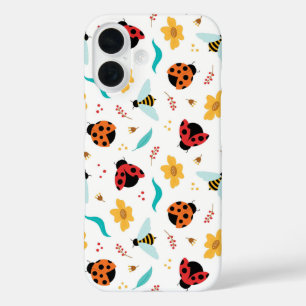 Colourful Ladybugs and Bees on a Floral iPhone 16 Case