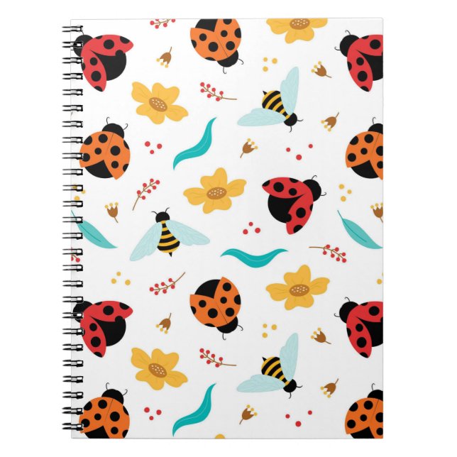 Colourful Ladybugs and Bees on a Floral Notebook (Front)