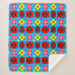 Colourful Ladybugs and Flowers Sherpa Blanket