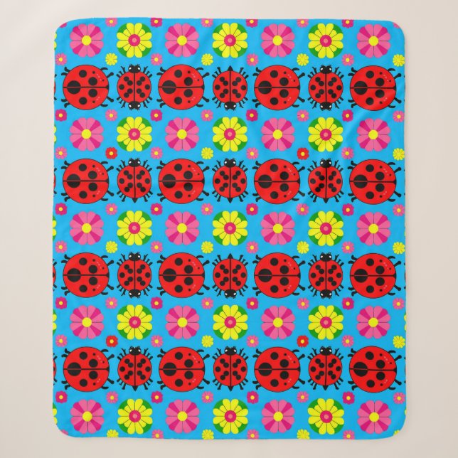 Colourful Ladybugs and Flowers Sherpa Blanket (Front)