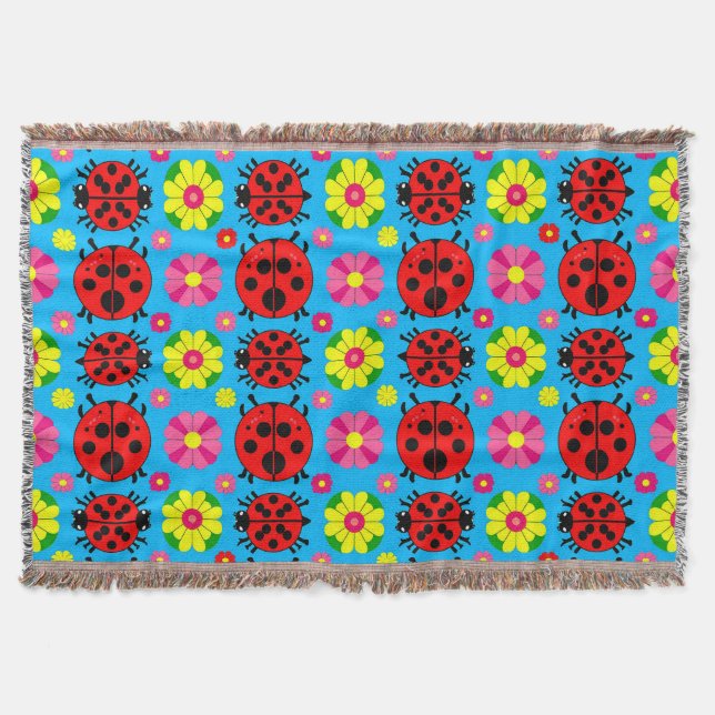 Colourful Ladybugs and Flowers Throw Blanket (Front)
