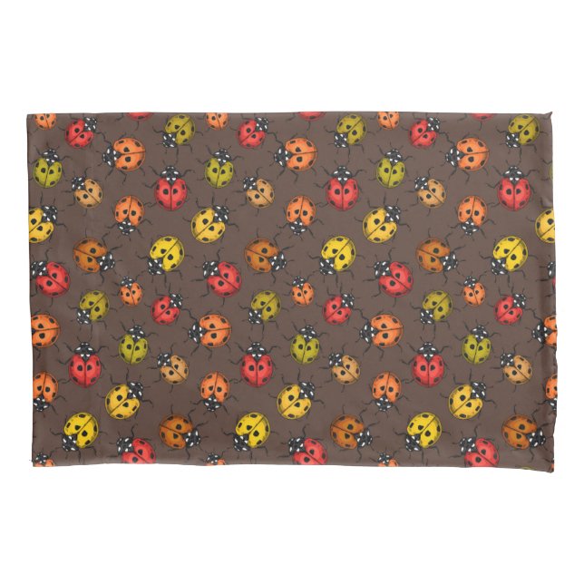 Colourful ladybugs on brown pillowcase (Front)
