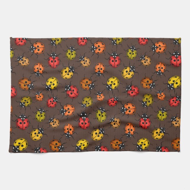 Colourful ladybugs on brown tea towel (Horizontal)