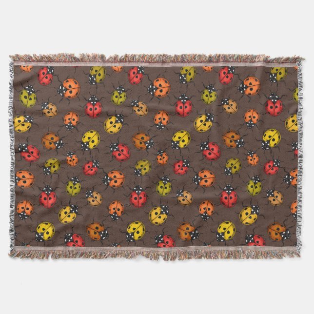 Colourful ladybugs on brown throw blanket (Front)