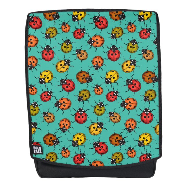 Colourful ladybugs on turquoise backpack (Front)