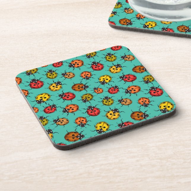 Colourful ladybugs on turquoise coaster (Left Side)