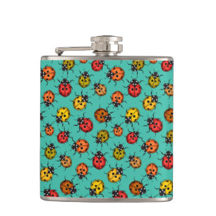 Colourful ladybugs on turquoise hip flask
