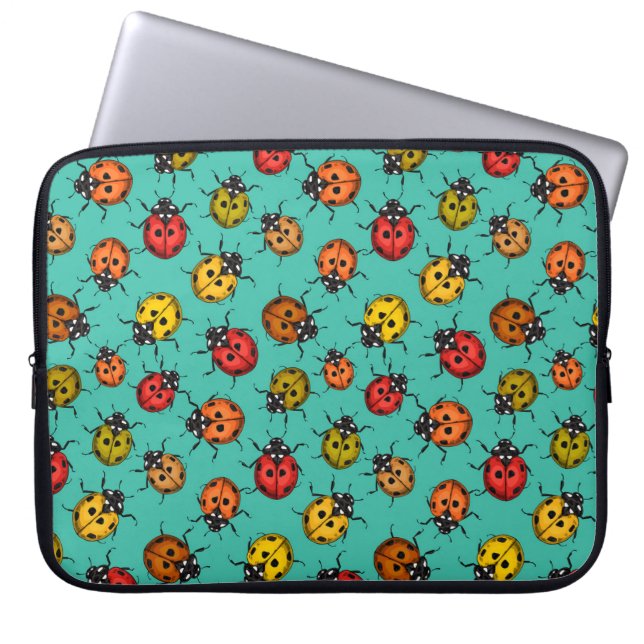 Colourful ladybugs on turquoise laptop sleeve (Front)
