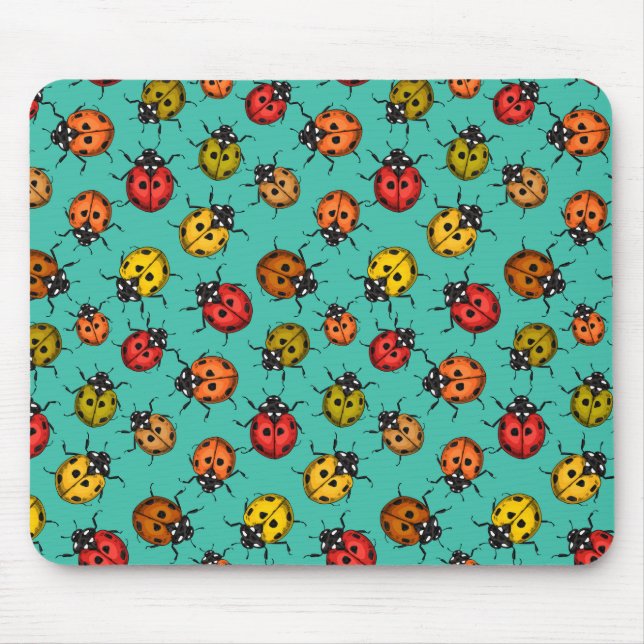 Colourful ladybugs on turquoise mouse pad (Front)