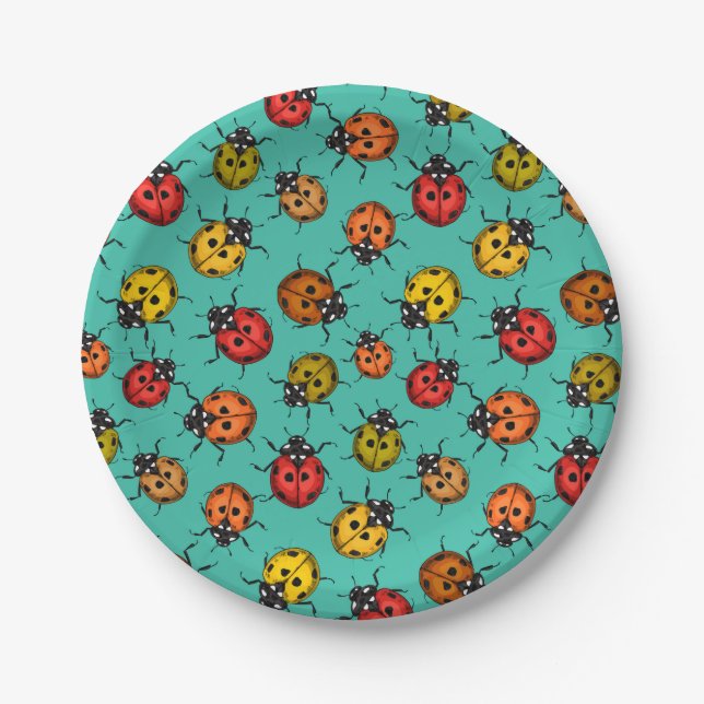 Colourful ladybugs on turquoise paper plate (Front)