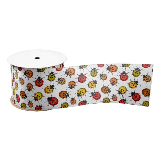Colourful ladybugs on white satin ribbon (Spool)
